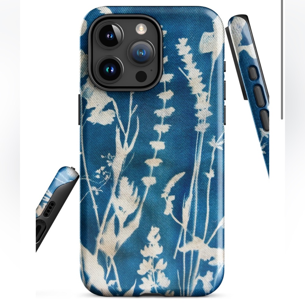 iPhone 12 Pro Case Handmade Floral Denim Cyanotype Blue & White Phone Case